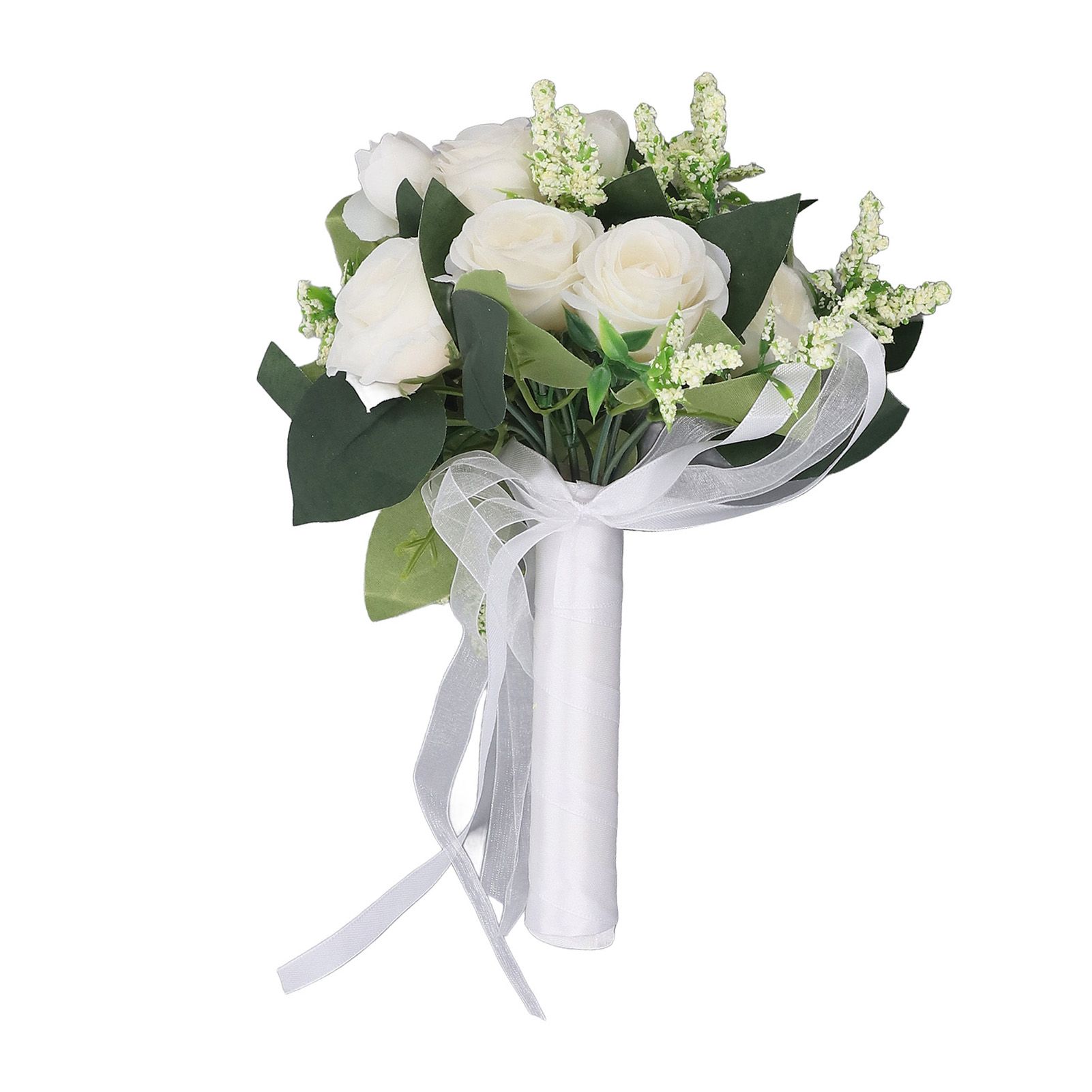 Wedding Bouquet Simulation Artificial Rose Lifelike Green Leaves Modern Elegant Rose for Wedding Church Home Decor Milky White — image 6