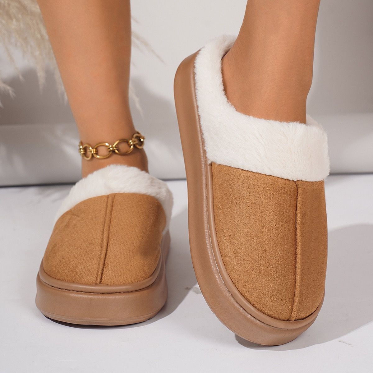 Cozy Faux Suede and Plush Fur Slippers for Women and Men, Thick Anti-Slip Sole for Indoor and Outdoor Wear, Warm House Shoes for Cold Seasons, Simple — image 5