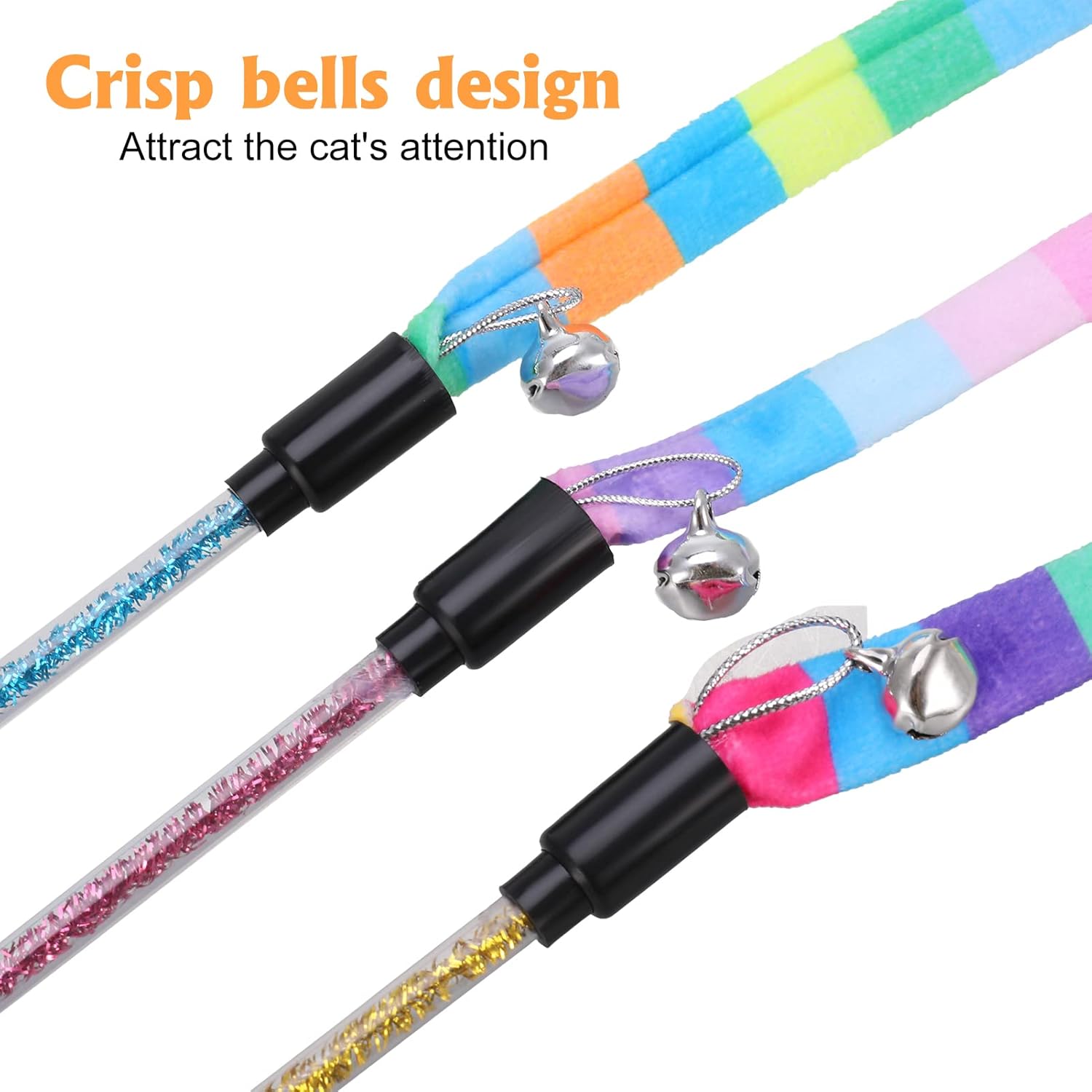 3 Pack Cat Wand Toy, Interactive Cat Rainbow Wand Toys, Interactive Cat Teaser Wand String, Rainbow Cat Teaser Wand String Plush Toy with Bell for Kitten Cat โ image 5