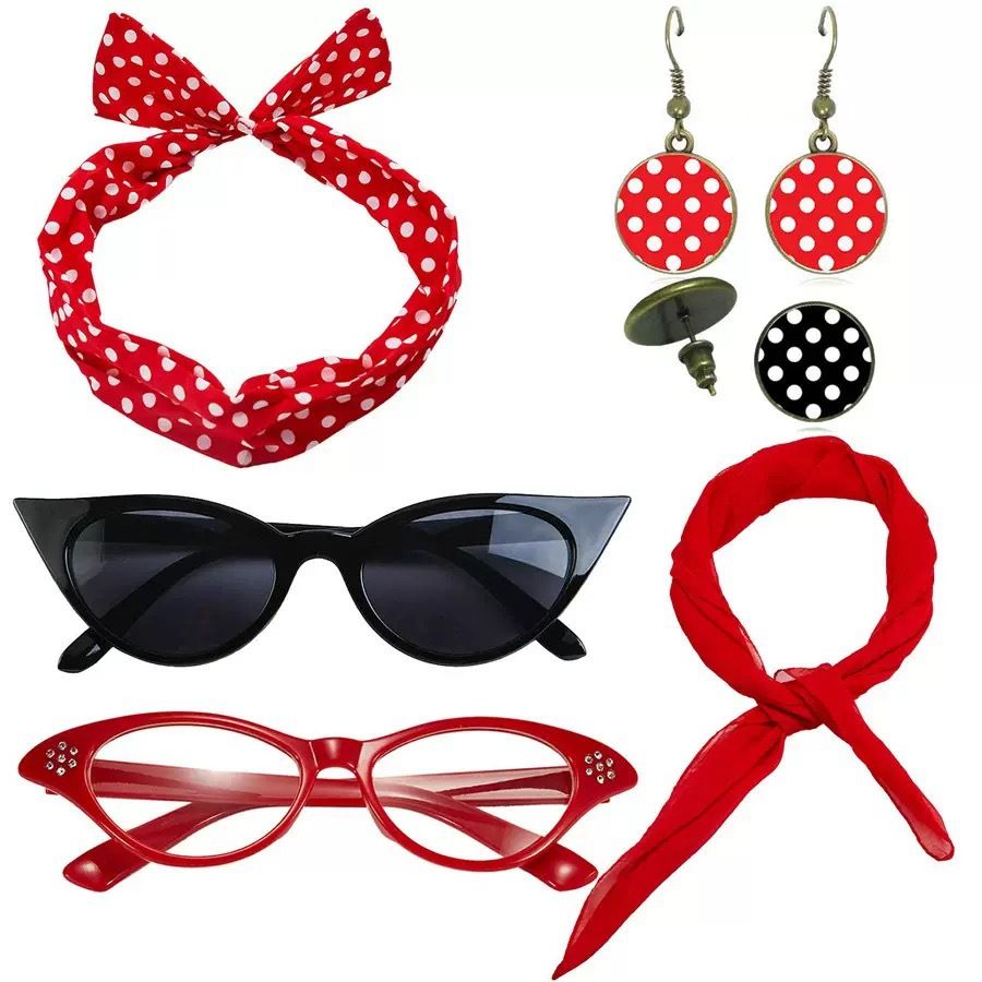 Red 6 Piece Vintage Polka Dot Party Kit Accessories Set - 1950s Retro Costume with Cat Eye Sunglasses, Headband, Earrings, Studs and Neck Scarf for Cosplay and