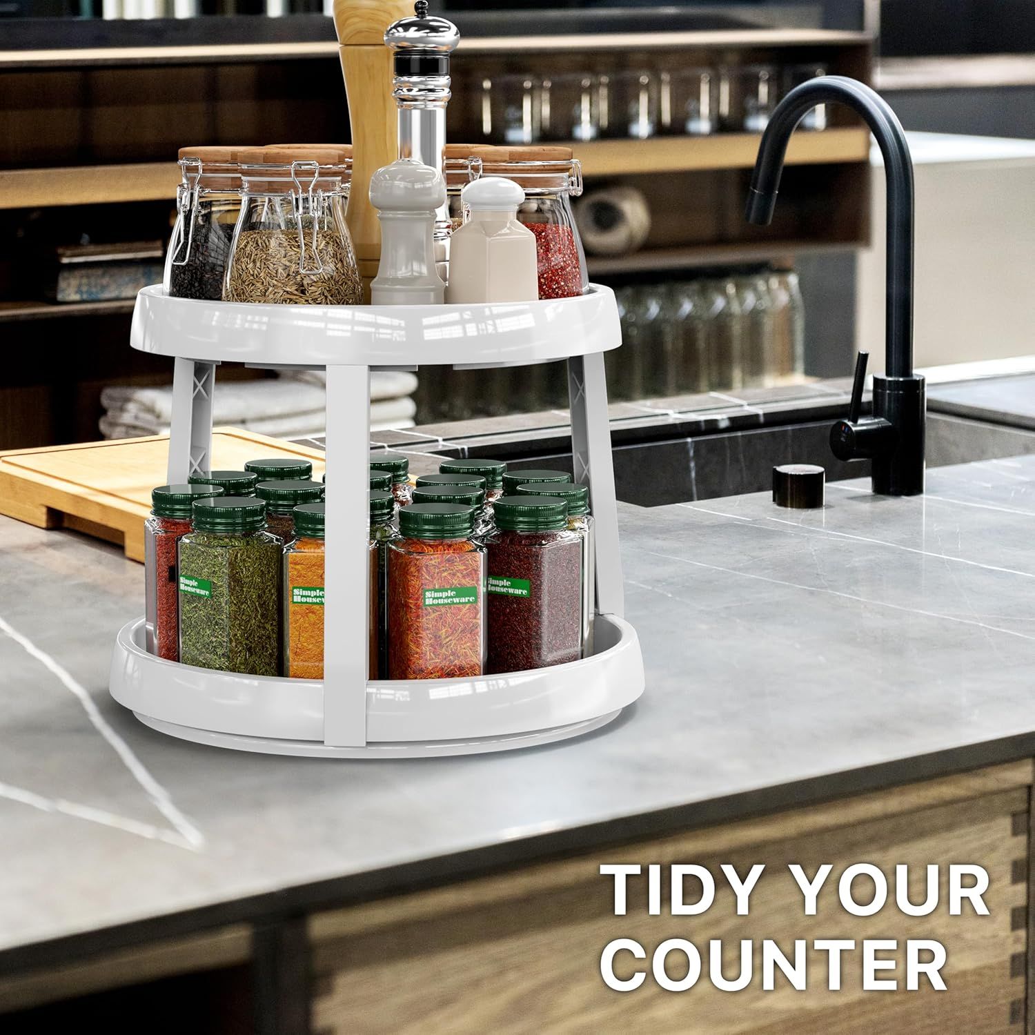 2-Tier Lazy Susan Spice Organizer, 10" Diameter, White/Gray โ image 2