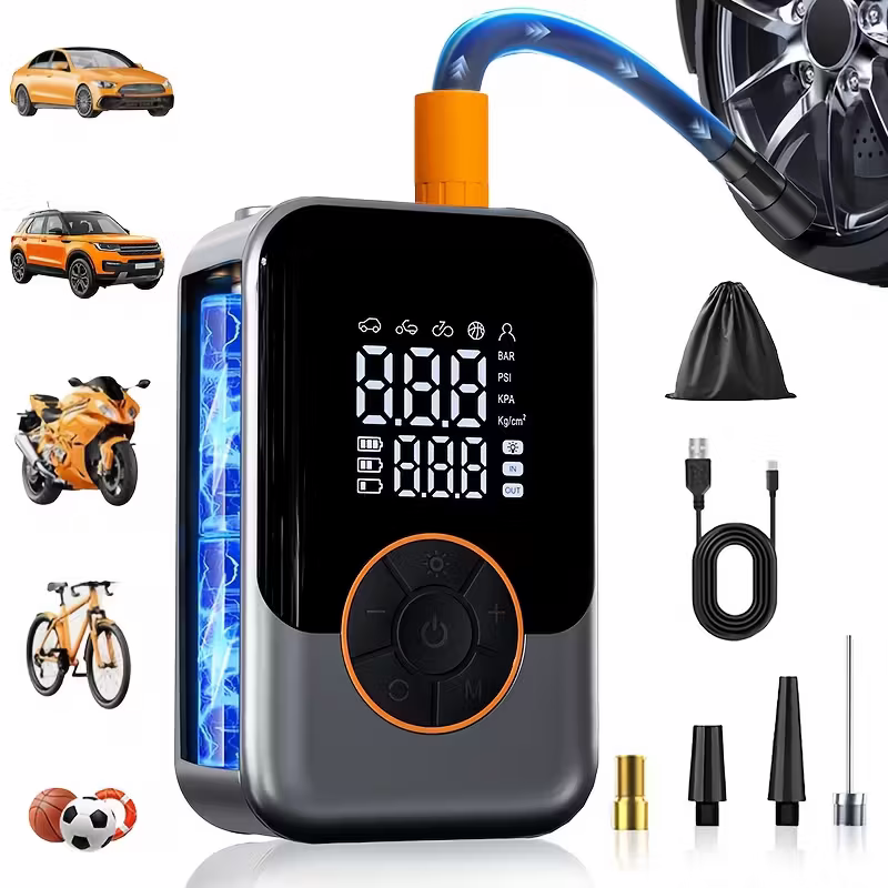 Portable wireless air compressor tire inflation pump - Equipped with digital pressure gauge, emergency LED light, 4x fast cordless design; built-in โ image 3