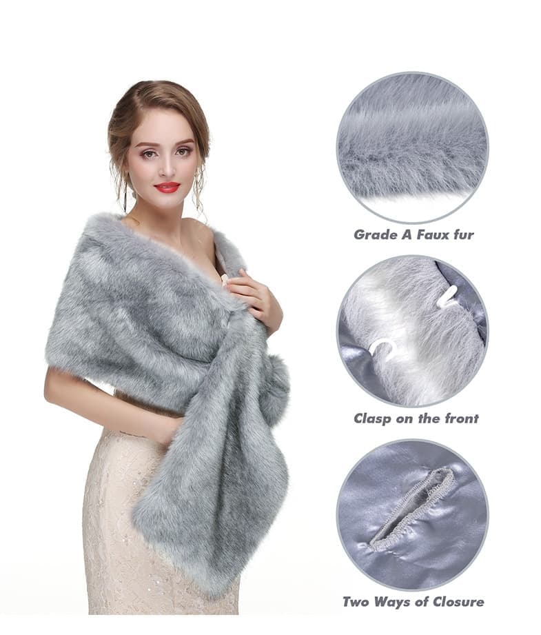 Faux Fur Scarf Shawl for Women, Warm Long Large, with Faux Fur Trim, Gray โ image 3