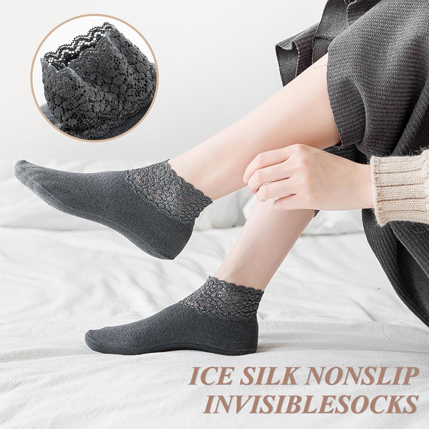 3Pairs Lace Socks No Show Frilly Ankle Knit Cotton Non Slip Low Cut for Women Floor Beige One Size — image 3