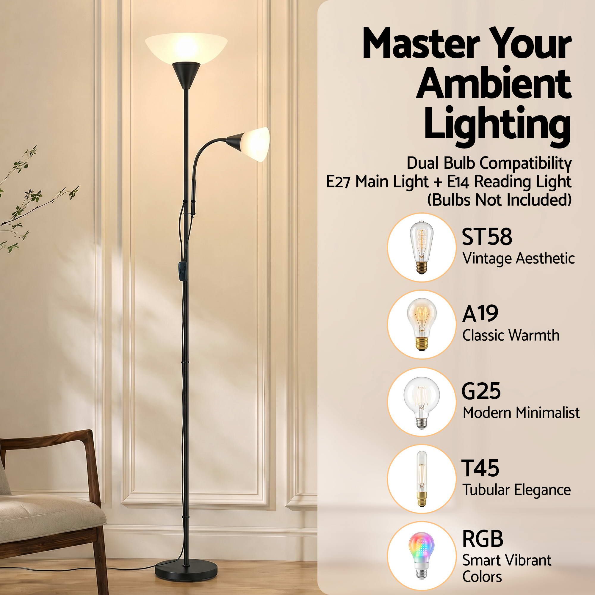 Artiss Floor Lamp Mother and Child Modern Home Living Room Office Reading Black — image 6