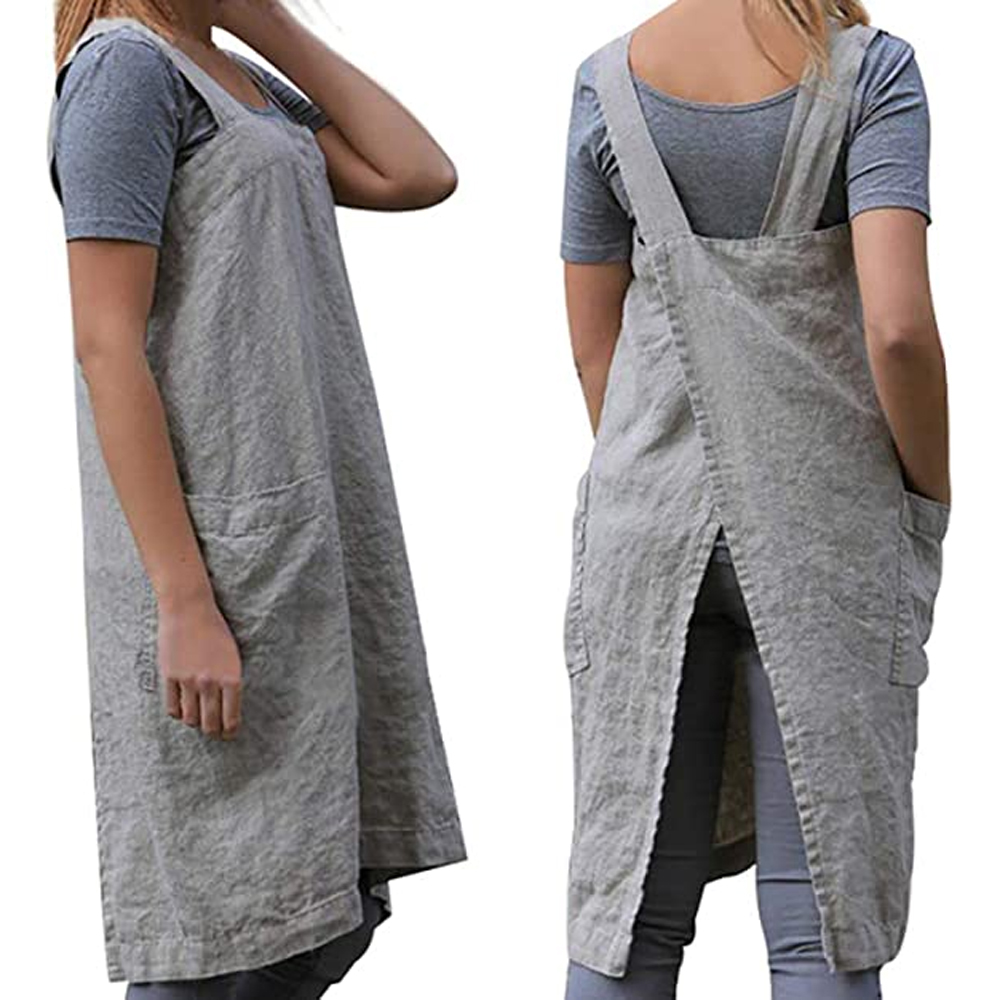 Gray Women's Cotton and Linen Apron with Cross Back and Large Pocket, Size M — image 4