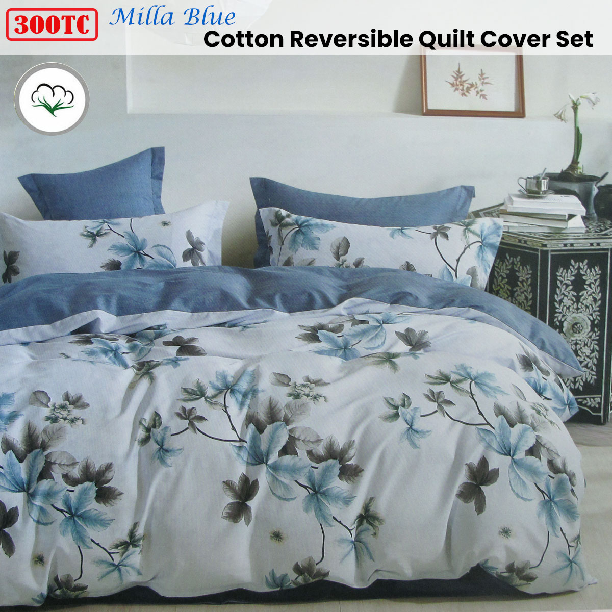 300TC Milla Blue Reversible Cotton Quilt Cover Set Queen โ image 2