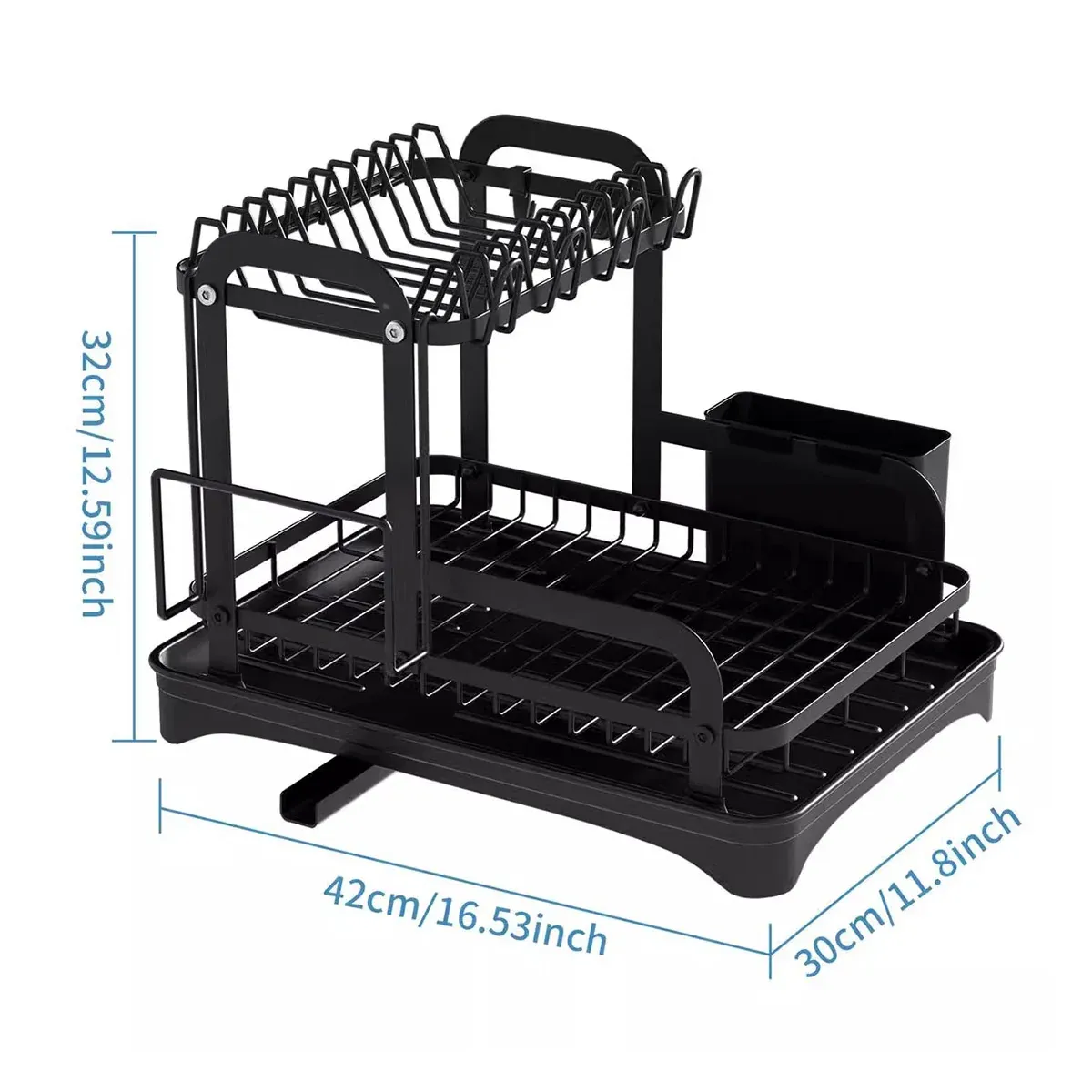 Kitchen Dish Drying Rack 2 Tier Carbon Steel Black 42x30x32cm Telescopic Drain โ image 3
