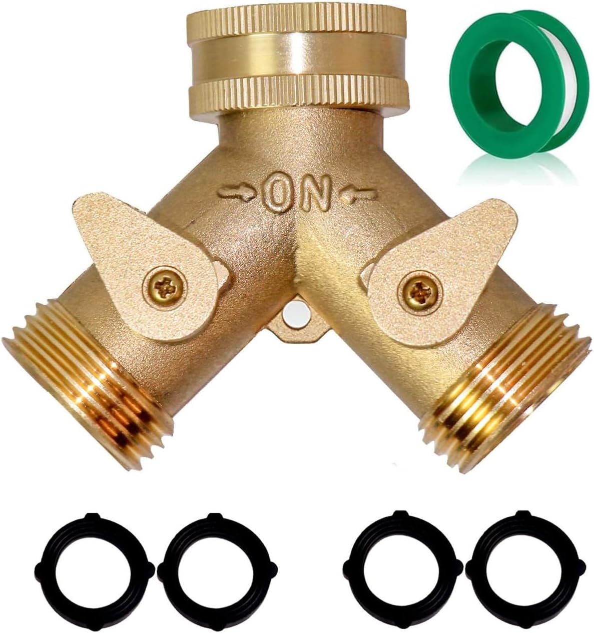 2 Way Heavy Duty Brass Garden Hose Connector Tap Splitter for Lawn and Garden - Outlet Splitter, Hose Spigot Adapter with 2 Valves, Plus 4 Extra Rubber Washers