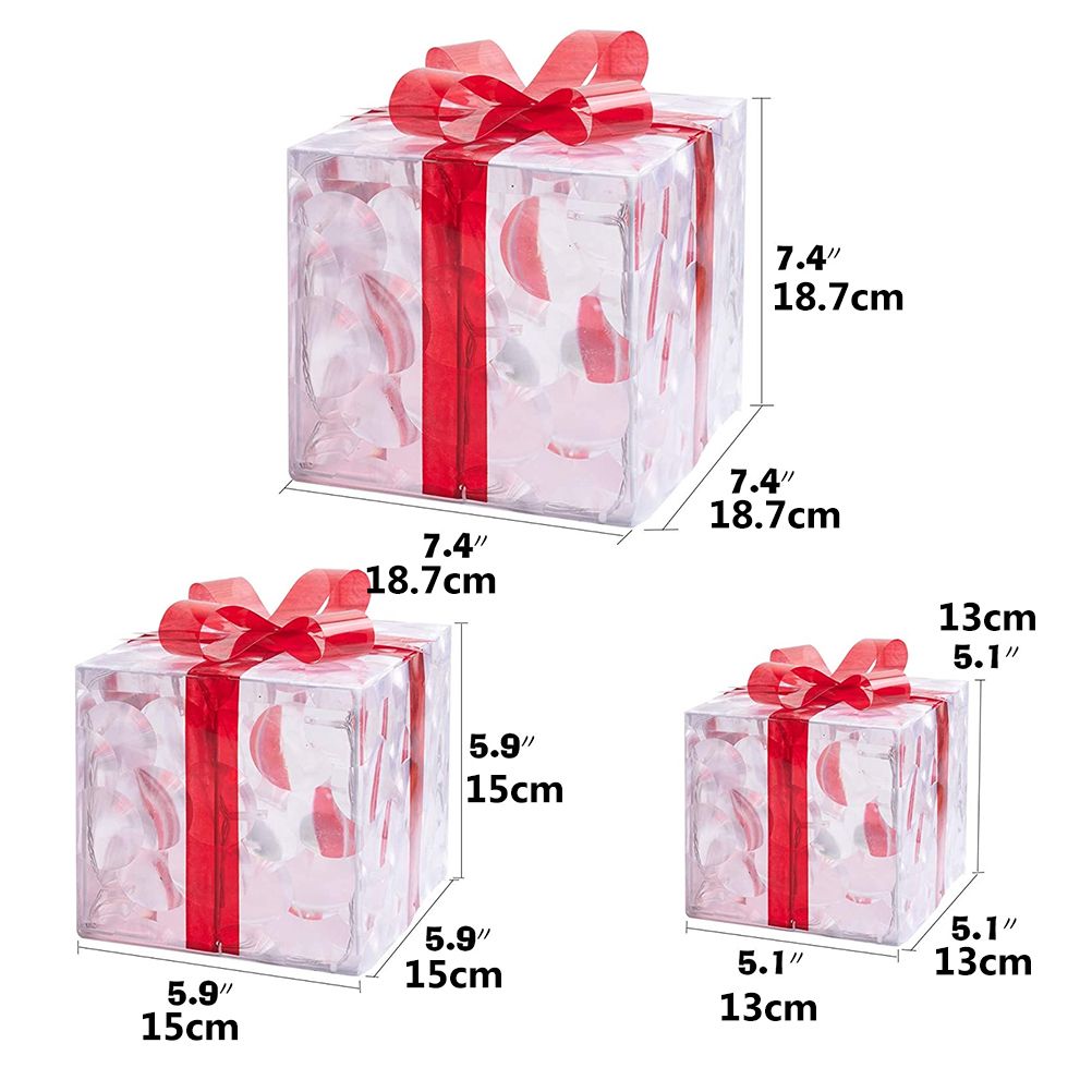 Set of 3 Christmas Lighted Gift Boxes Decorations Transparent Lighted Boxes with Red Bows Christmas Tree Skirt Ornament Xmas Tree Party Holiday Decor โ image 2