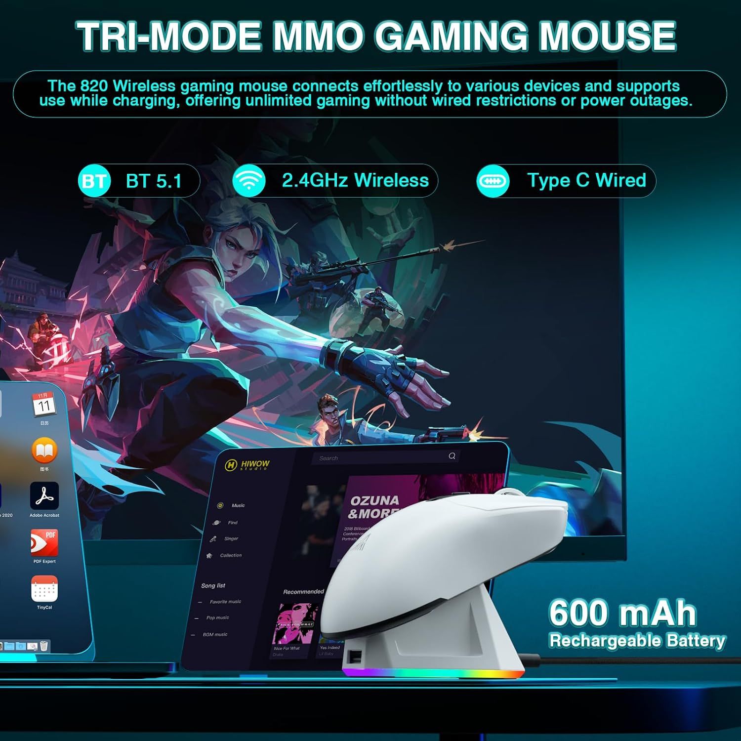 SOLAKAKA SM820 Wireless Gaming Mouse with RGB Charging Dock, 24000 DPI Tri-Modes Wireless Mouse,white — image 4
