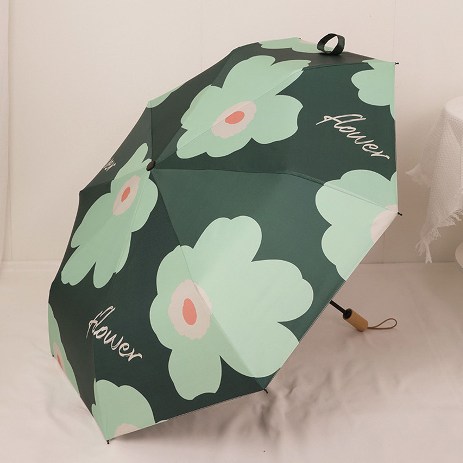 Flower Pattern Folding Umbrella UV Protection Foldable Rain Shine Dual Use Sun Umbrella for Travelling Blackish Green — image 5