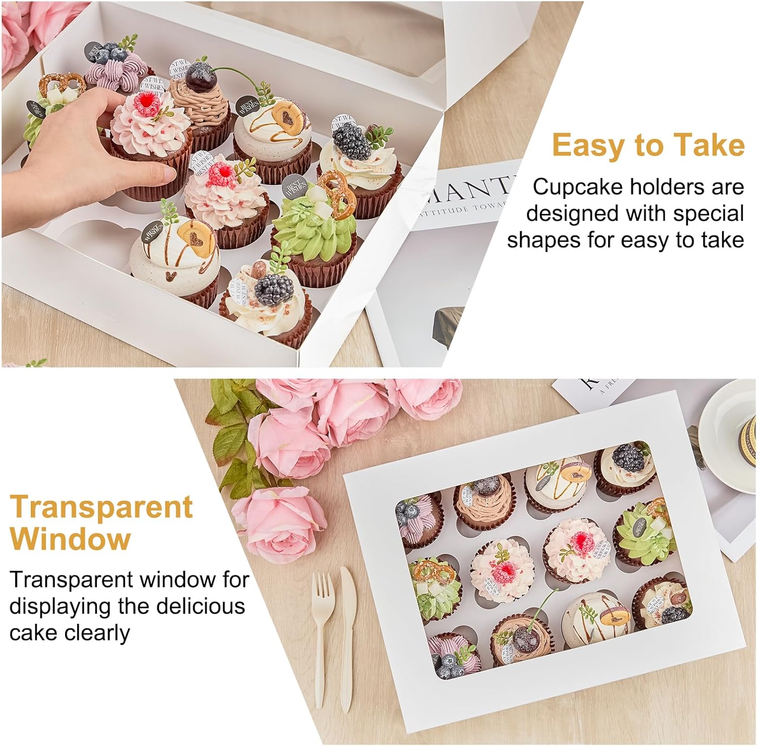 12 Count Cupcake Boxes, 12 Pack White Cupcake Containers with Windows and Inserts, Disposable Cupcake Carriers for Muffins, Treats, Pastries, 13 x 10 x 4 โ image 5
