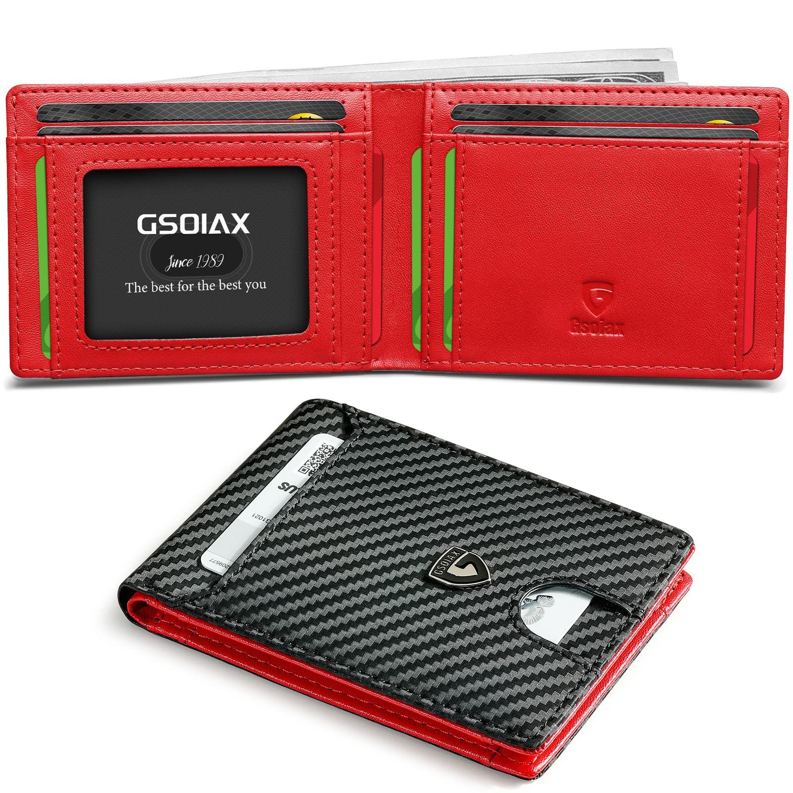 Men's Slim Leather Bifold Wallet - RFID Blocking, 11 Card Slots, ID Window(Twill black and red)