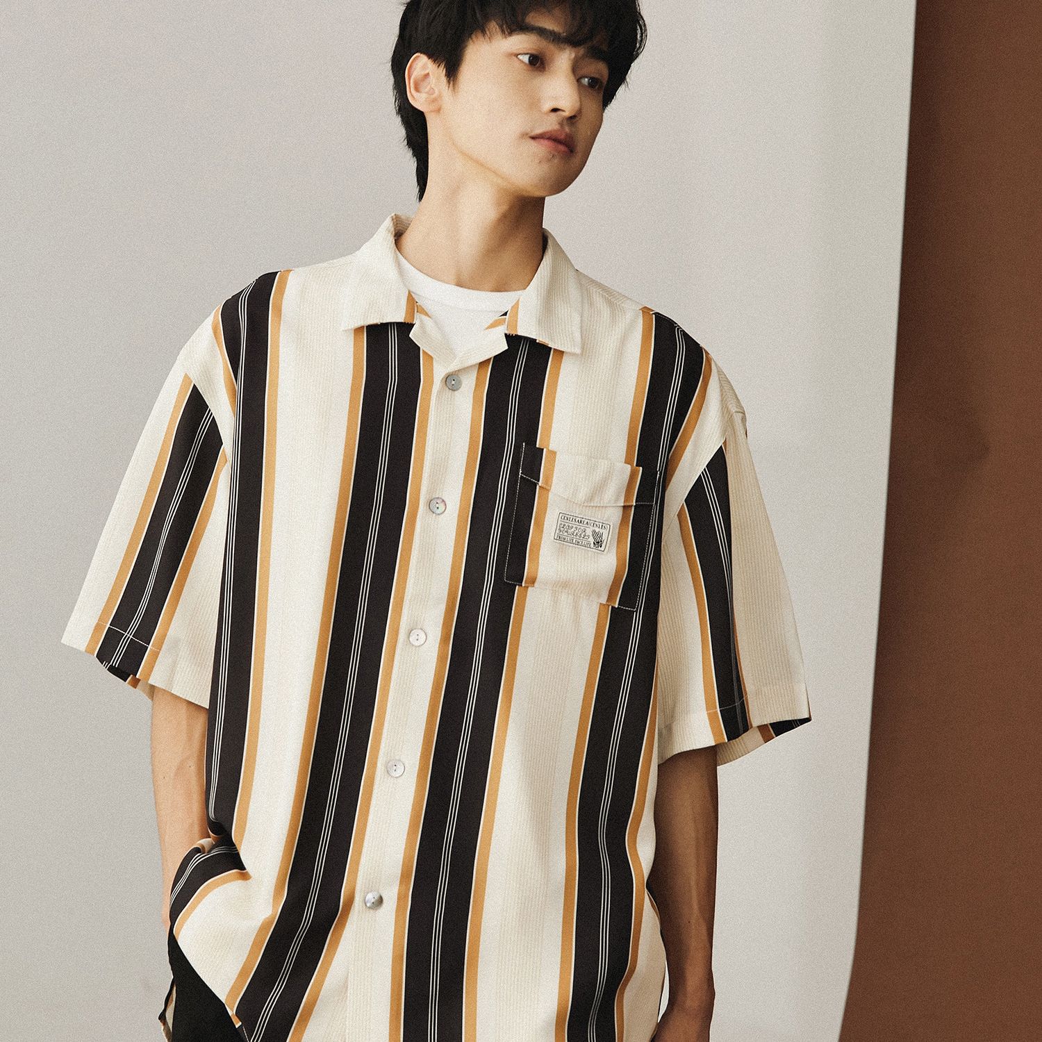 Men Short Sleeve Shirt American Style Stripe C125 Black — image 6