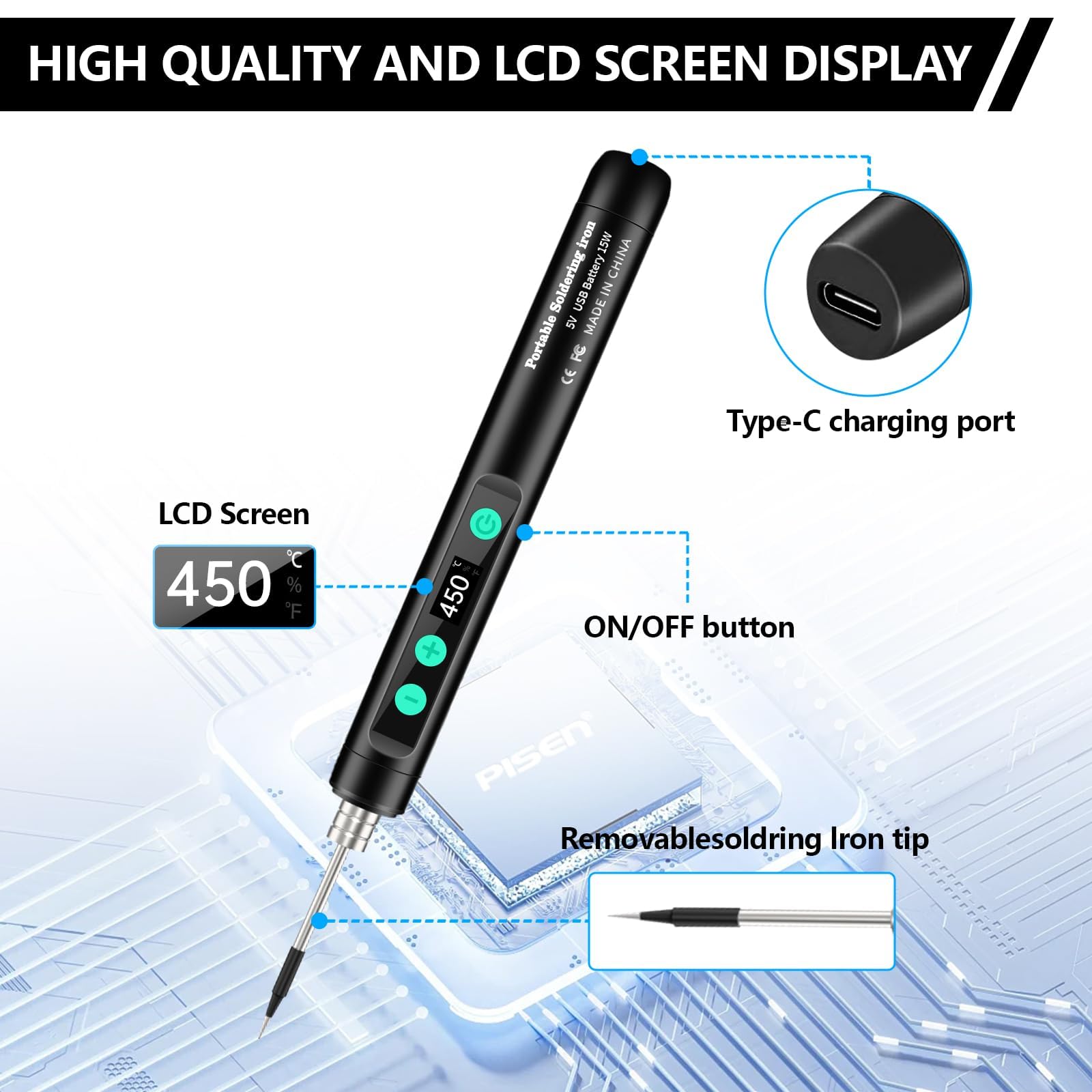 Portable USB-C Soldering Iron Kit – 15W Wireless Electric Soldering Pen with LCD Display, Adjustable Temp 180°C–450°C, 1100mAh Battery, Type-C Charging — image 6
