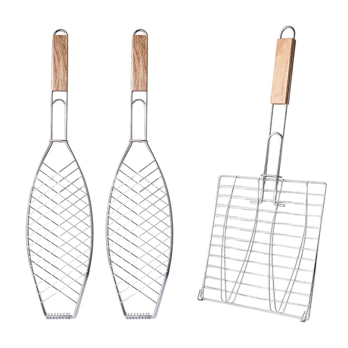 Barbecue Net Clamp Iron Wire Mesh with Wooden Handle for Camping Grill - 43x15cm โ image 3