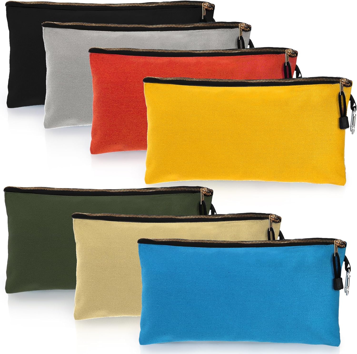 7 Pack Canvas Tool Pouch, 16 OZ Heavy Duty Zipper Utility Bags, 12" x 7" Multipurpose Storage Organizer Tote Bag with Carabiner for Gadgets Cosmetics Office