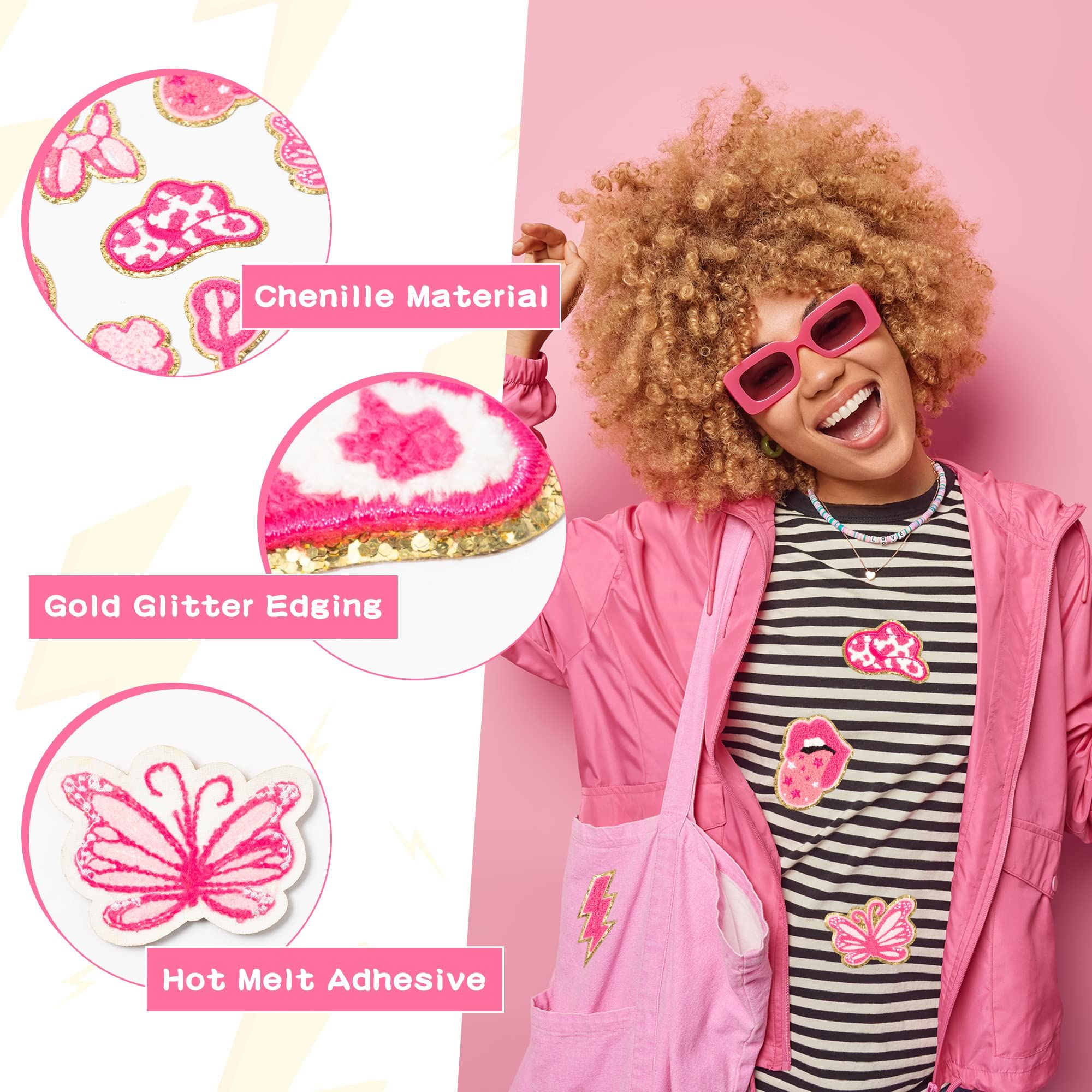 10Pcs Pink Iron on Patches for Girls Y2K Chenille Embroidered Repair Patch Hanging Lip Lightning Bolt Leopard Face DIY Accessories โ image 5