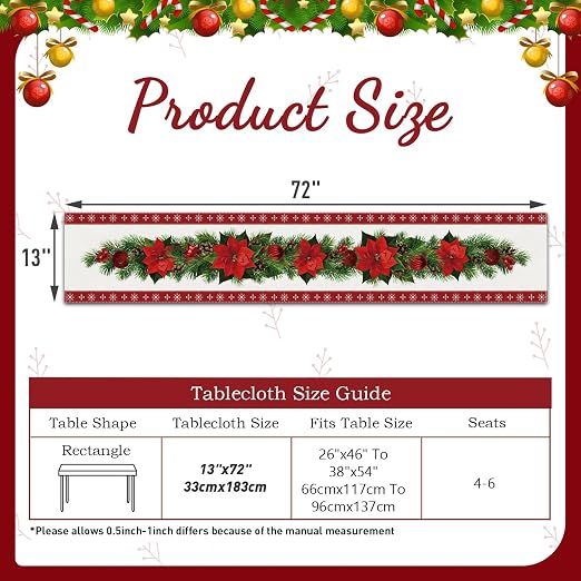 Set of 2 rustic-style red Christmas table runners featuring snowflake and poinsettia patterns, measuring 33 x 183 cm — image 4