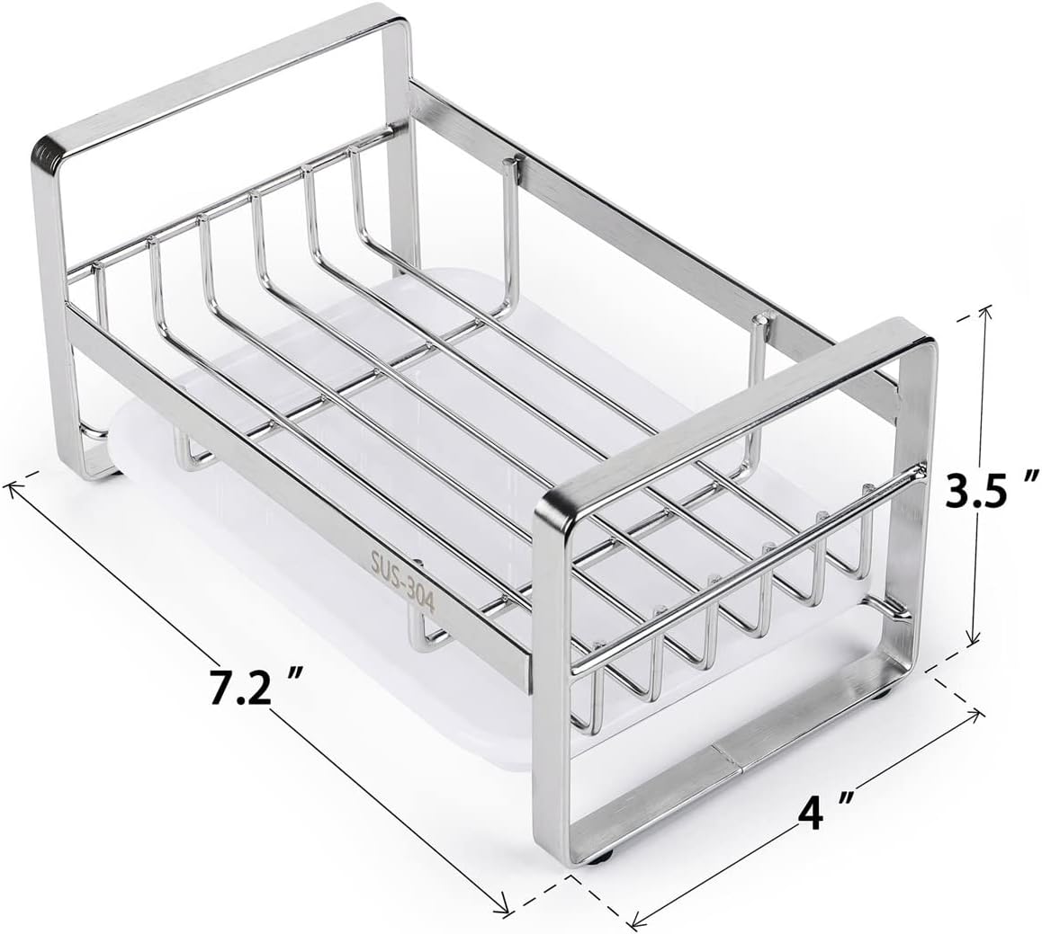Kitchen Sink Sponge Holder, 304 Stainless Steel Kitchen Soap Dispenser Caddy Organizer, Countertop Soap Dish Rack Drainer with Removable Drain Tray, not — image 4