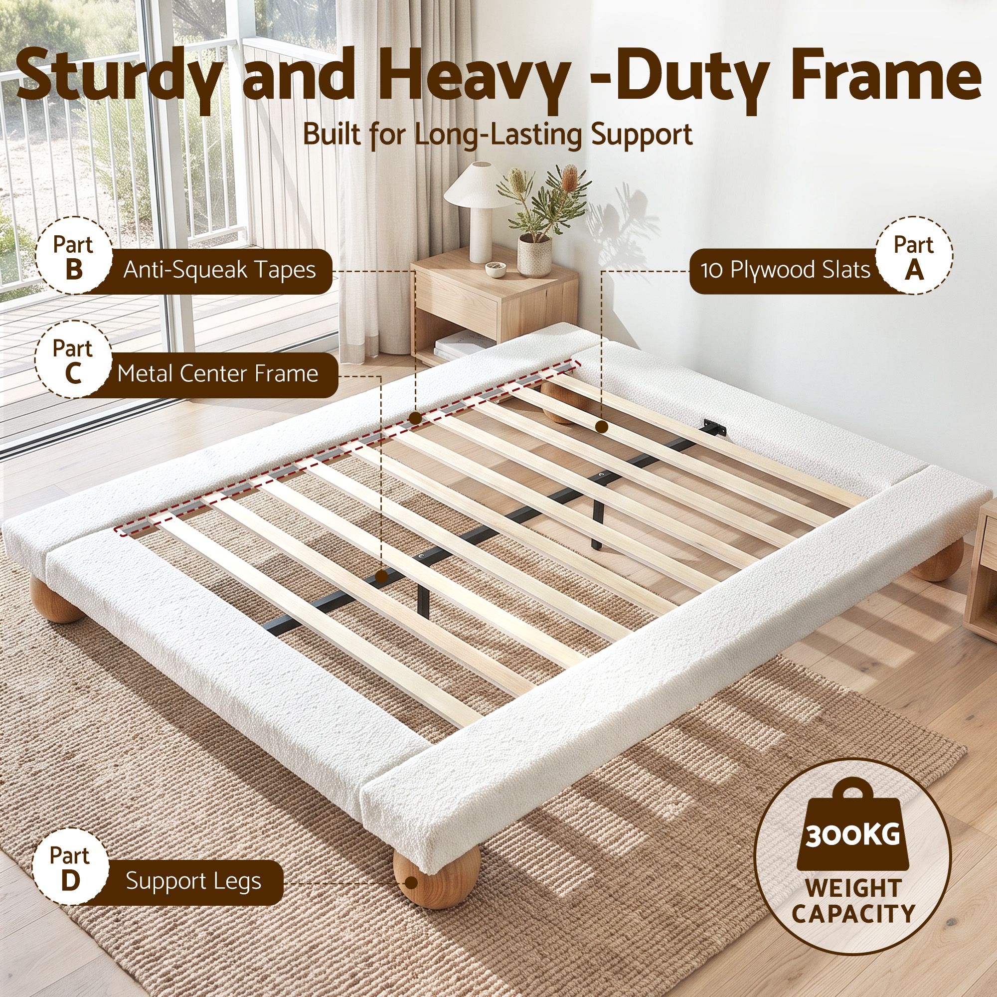 Artiss Queen Bed Frame with Boucle Upholstery and Solid Rubber Wood Legs โ image 6