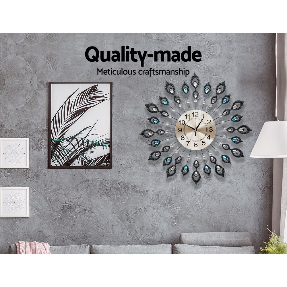 Artiss 60cm Wall Clock Large 3D Peacock Crystal Silver โ image 4