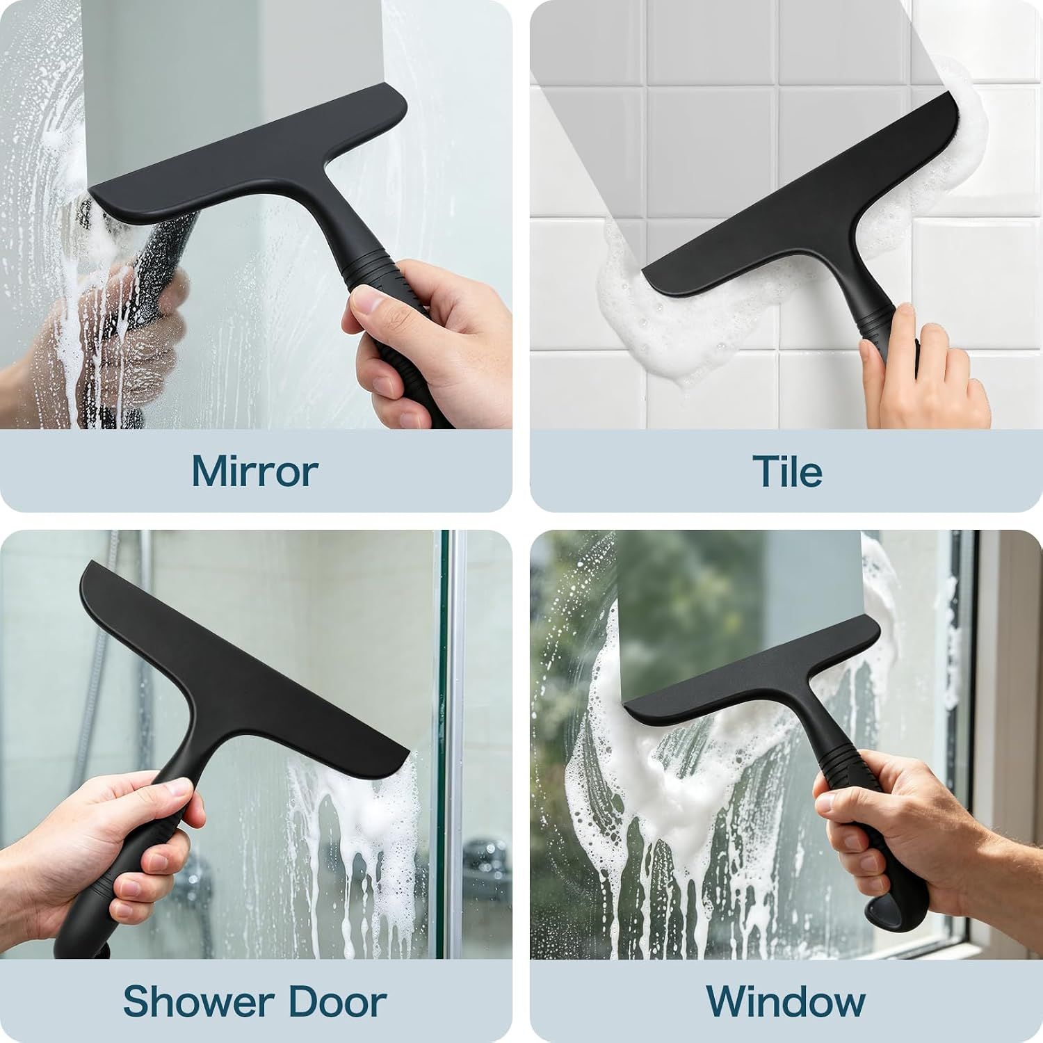 All-Silicone Shower Squeegee for Glass Doors, Streak-Free Window and Mirror Cleaner with Built-In Hook and Ergonomic Grip, Black, 24 cm — image 4