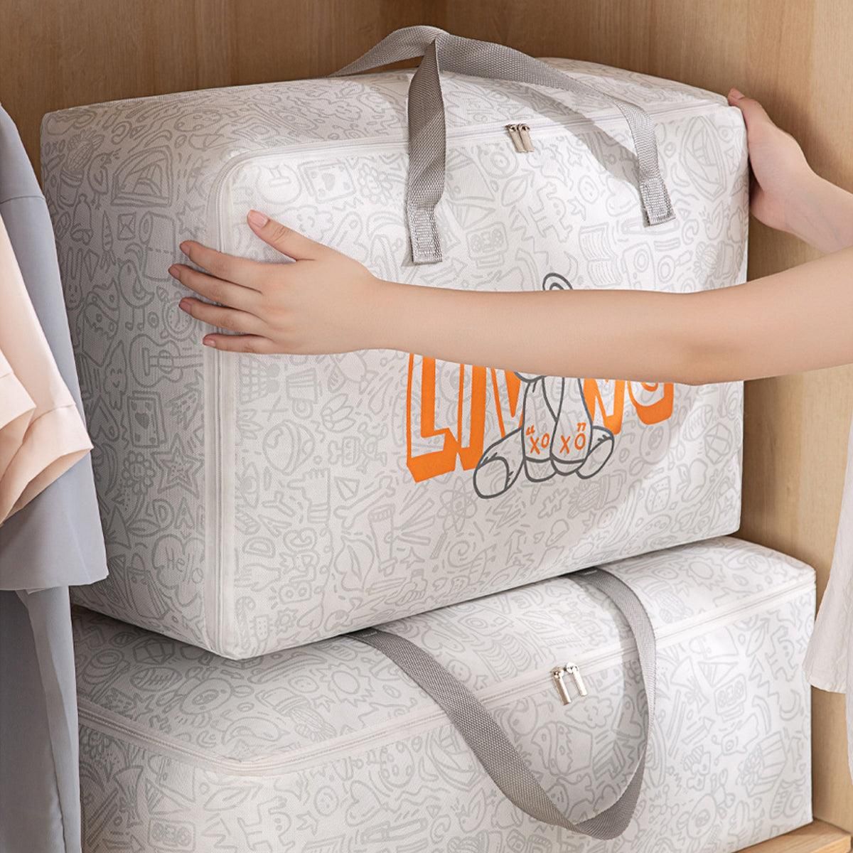 2pcs Cartoon Bear Luggage Organizer Storage Bags Blanket Quilt Closet Box Set - White-M — image 5