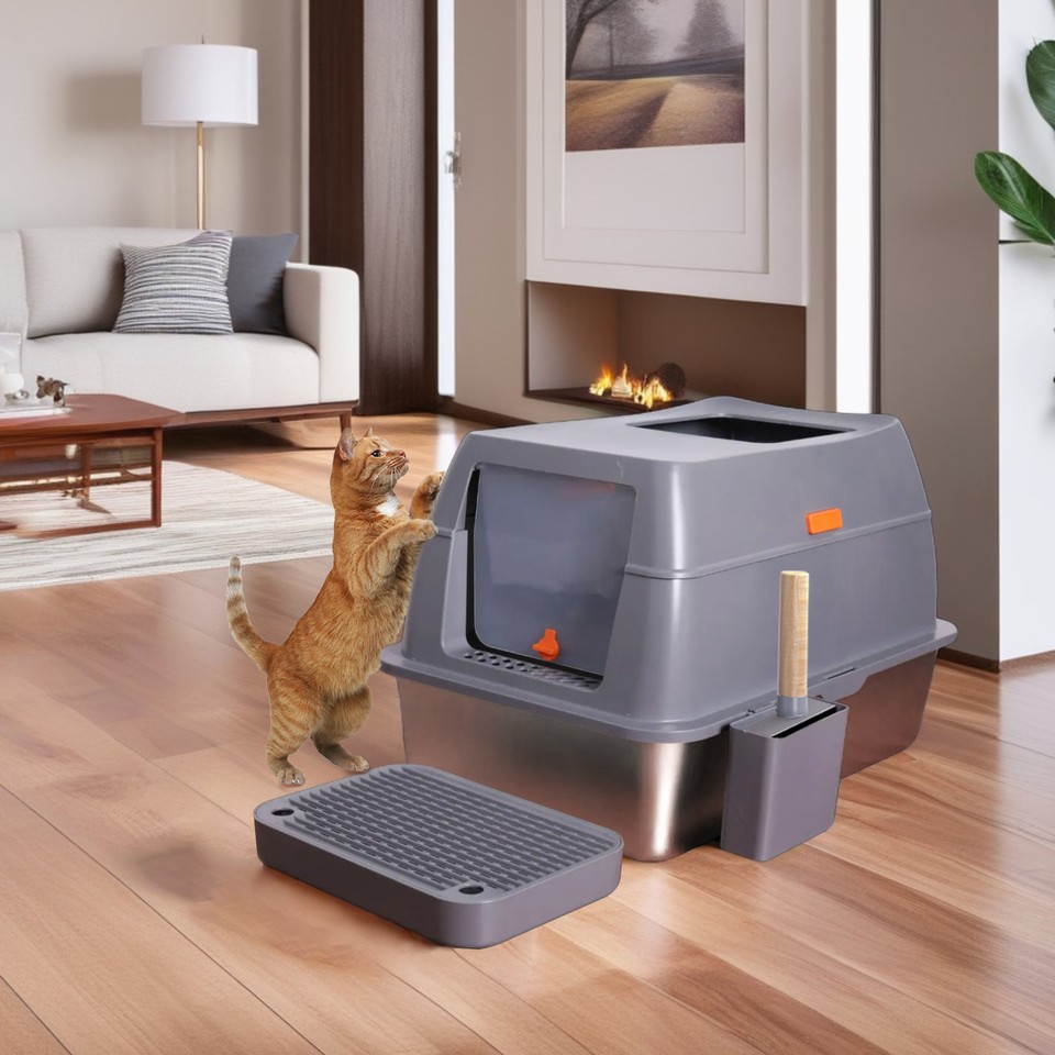 65L Big Cat Stainless Steel Litter Box With Lid High Wall With Triple Pedal Gray — image 6