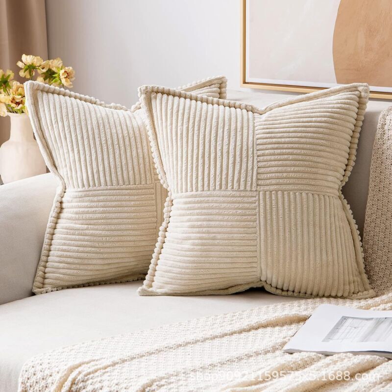 2 Pcs Sofa Cushion Cover Pillowcase in Beige Corduroy with Cross Pattern Decoration Bedroom Living Room, 45 x 45 cm โ image 2