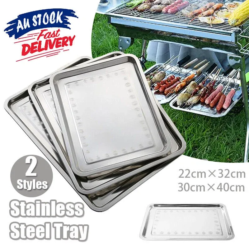 2X Stainless Steel Oblong Tray Plate Serving Tray Silver Dinner Food Kitchenware - 22 × 32CM — image 2