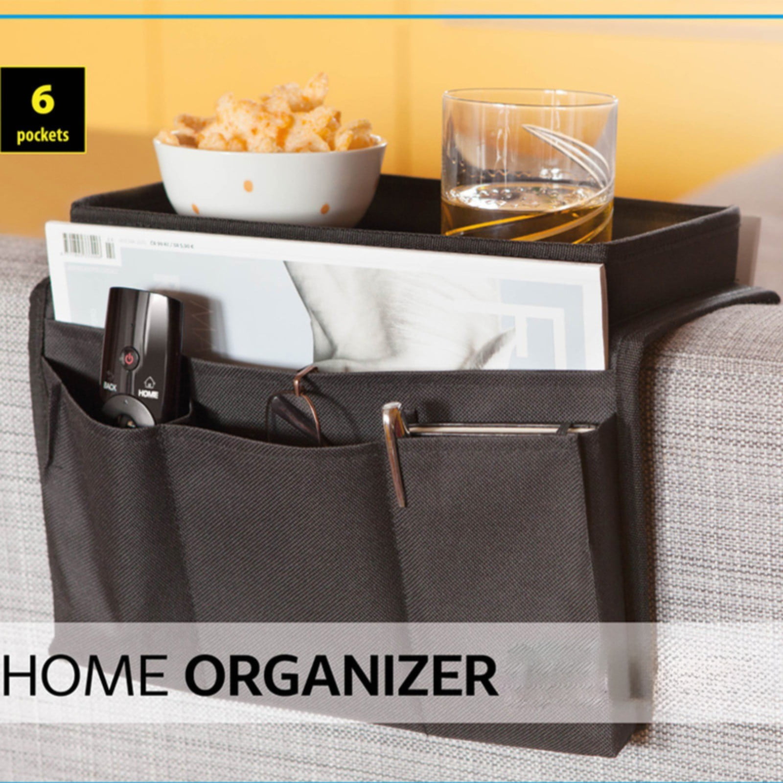 Sofa Armrest Organizer with Cup Holder - TV Remote Holder for Recliner & Couch, Armchair Caddy with Storage Pockets, Holds Cellphone, Black โ image 4