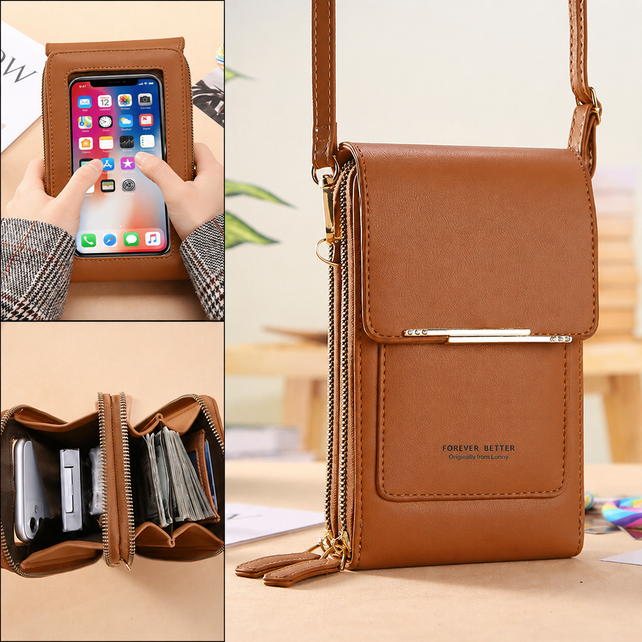Brown Touch Screen Phone Wallet Crossbody Bag for Women Vertical PU Leather Purse with Card Holder Zipper Pocket Adjustable Strap for Travel Shopping โ image 3