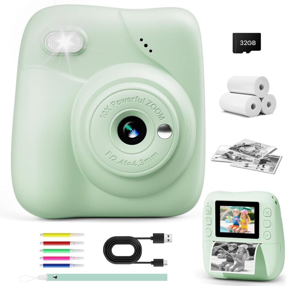 48MP Kids Digital Camera with Instant Print, 1080p FHD, 10x Zoom, 32GB Memory Card, 3-inch Screen, Green — image 2
