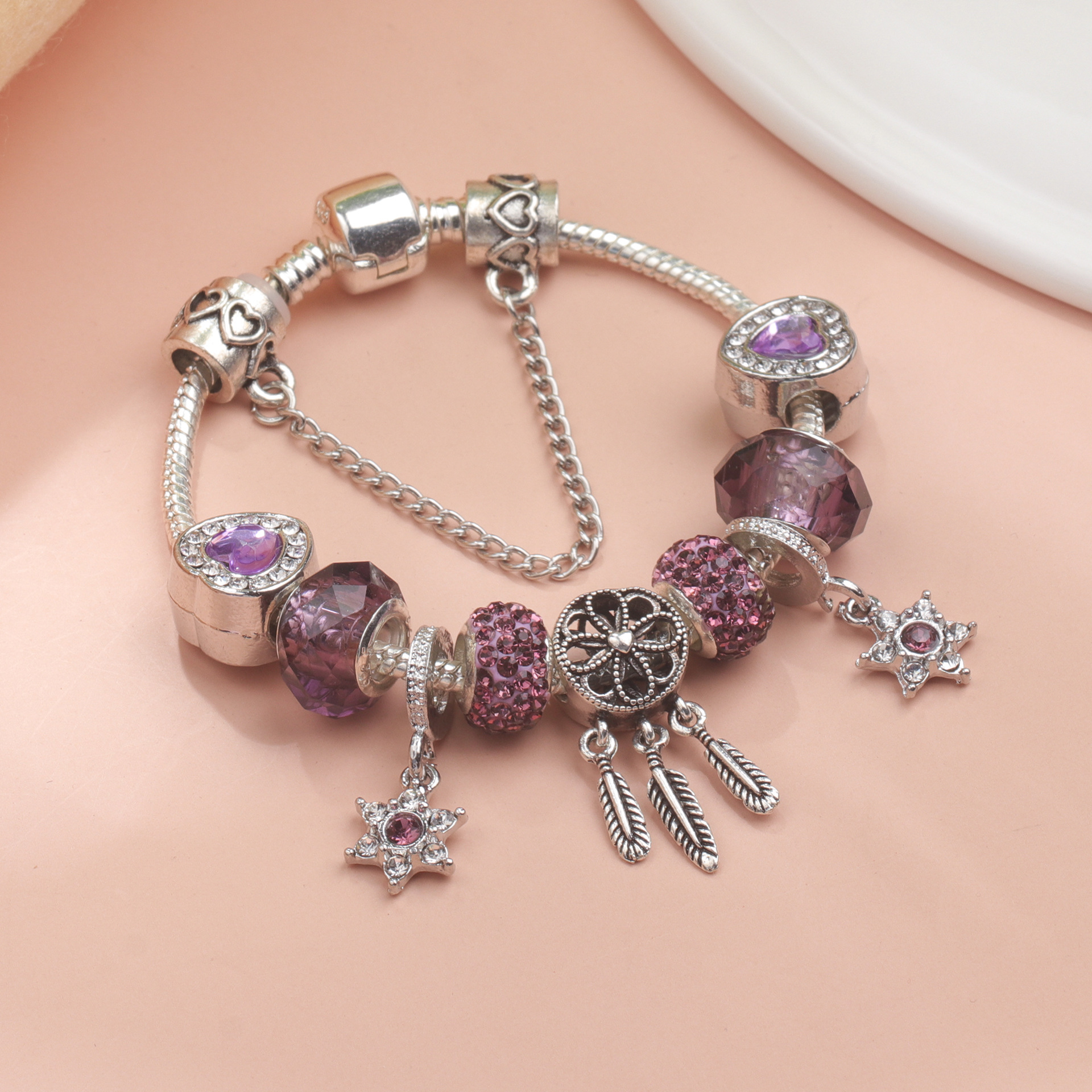 Purple Crystal Beaded Charm Bracelet with Star & Dreamcatcher Pendant, Rhinestone-Embedded DIY Alloy Bracelet(18cm) โ image 4