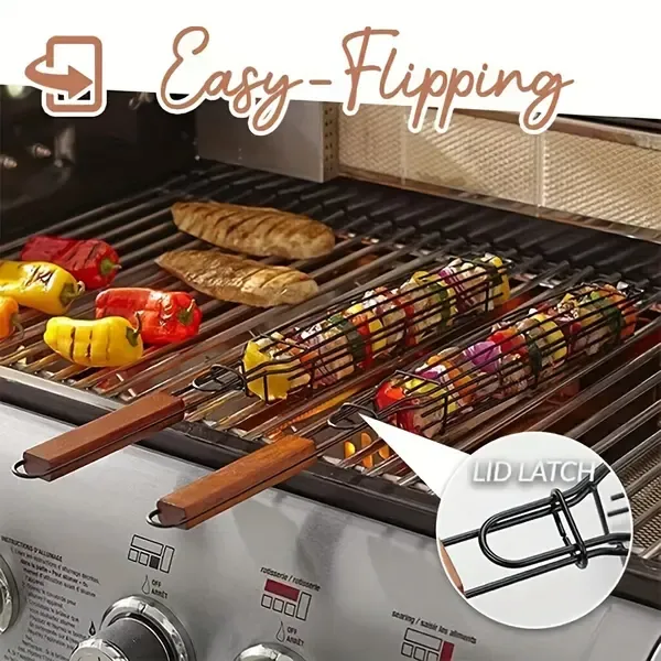 2 Pack Non-Stick Steel BBQ Grill Baskets with Locking Food Cage and Wooden Handles for Camping and Charcoal Grilling, 49 cm — image 3