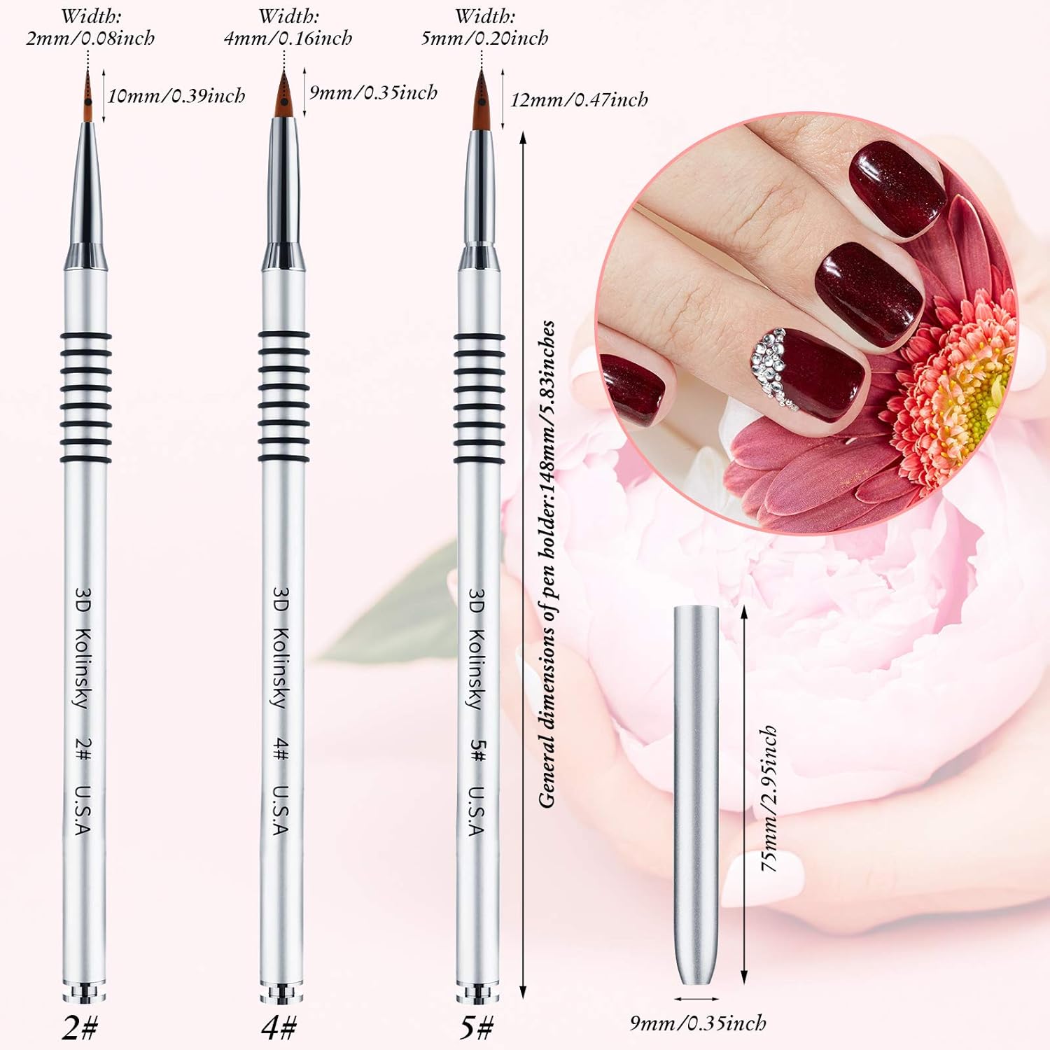 3 Pcs Kolinsky 3D Nail Art Brush Set Size 2/4/5 Acrylic Nail Art Brush with Silver Metal Nonslip Grip Handle Polish Cleaning Manicure Tools for Women Acrylic — image 3