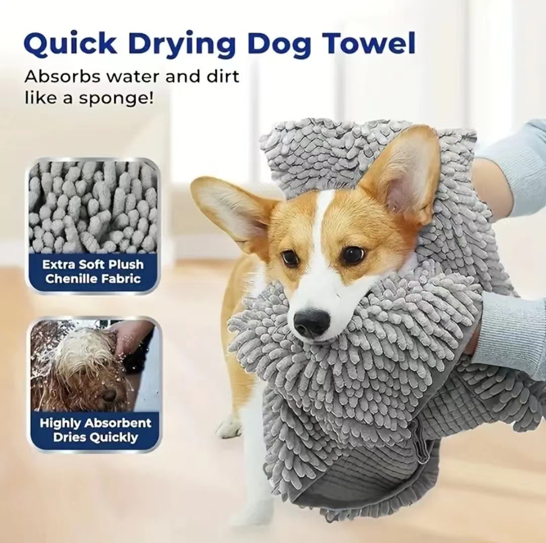 Grey Super Absorbent Pet Bath Towel with Hand Pockets Quick Dry Chenille Microfibre for Dogs and Cats Large Size 62cm โ image 3