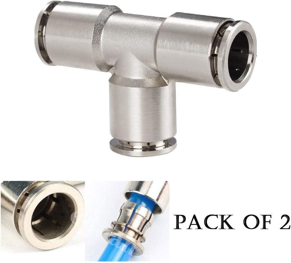 Push to Connect Tube Fitting Union Tee, Copper Nickle-Plated 1/4" Tube OD 3 Way Tee Shaped Union Adapter Fitting (Pack of 2) — image 5