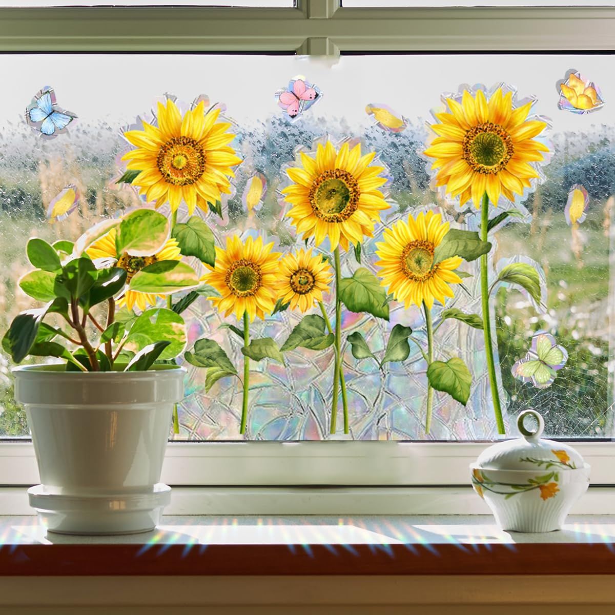 Non-glue Removable Rainbow Sunflower Butterfly Window sticker,Sun Dazzling Color Anti-Collision Window Decals,Prevent Bird Strikes