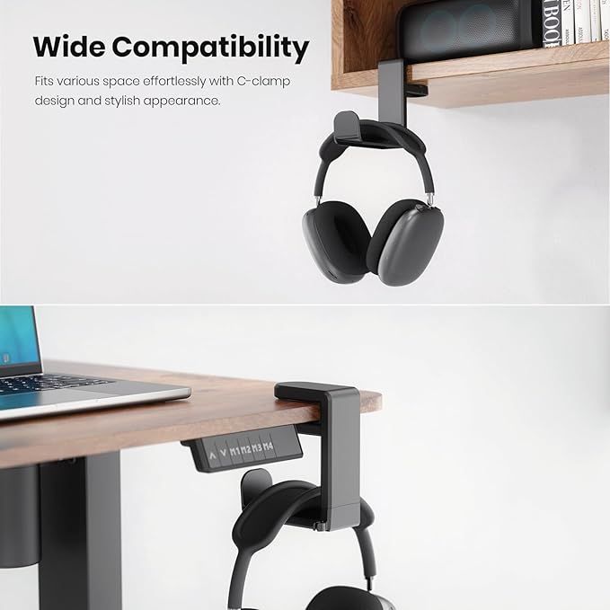 Rotating Headphone Stand - PC Gaming Headset Holder, Adjustable Clamp-on Under Desk Hanger With 360 Degree Swivel & Cable Clip Organizer - Black — image 3