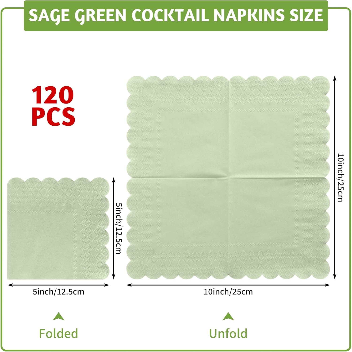 120 Pcs Cocktail Napkins Sage Green Wedding Napkins Disposable Baby Shower Scalloped Napkins for Bridal Shower, Birthday, 5 × 5 Inch — image 2