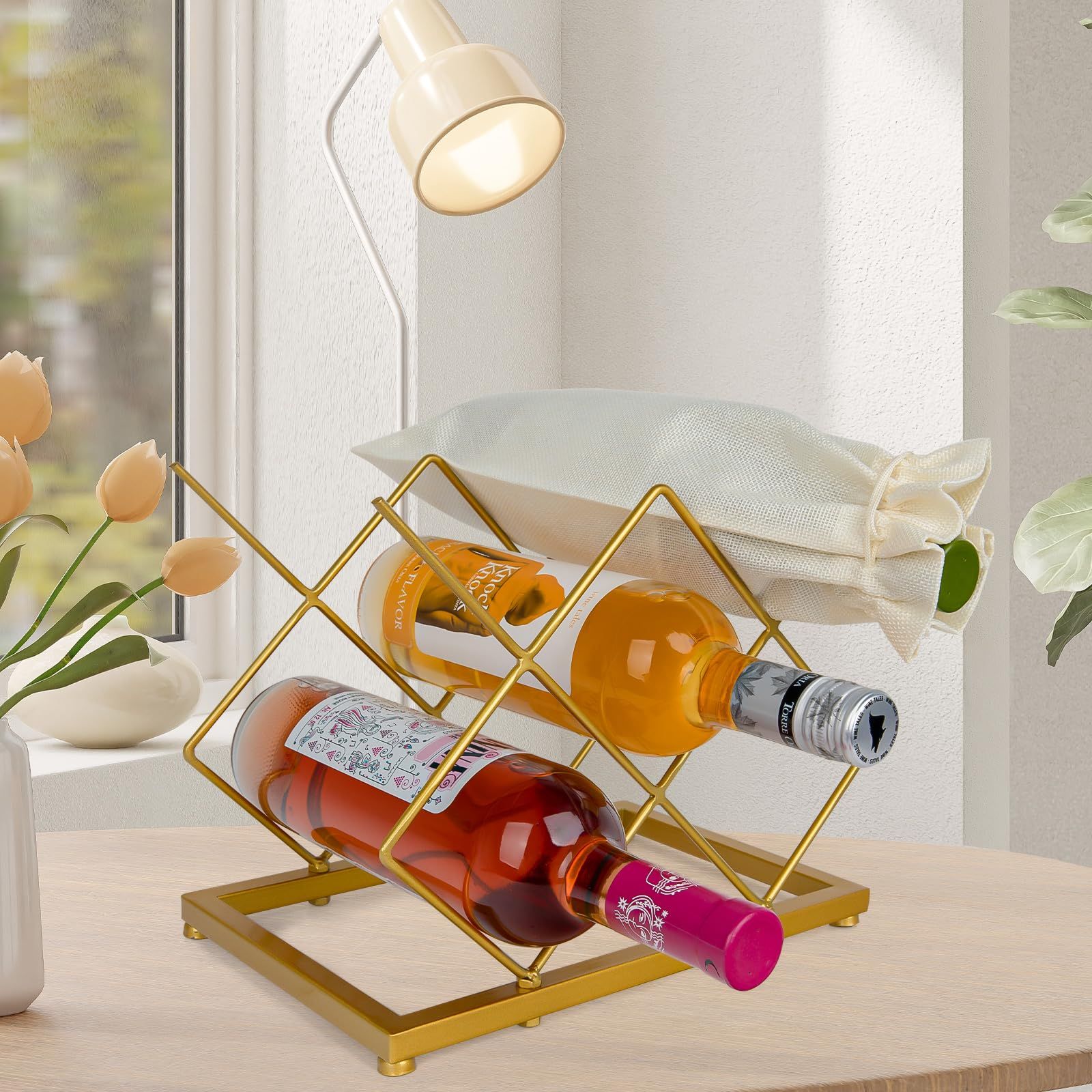 Wine Rack Countertop -5 Bottle Freestanding Modern Gold Metal Small Wine Rack Tabletop Wine Bottle Holder Stand for Cabinet Pantry — image 5