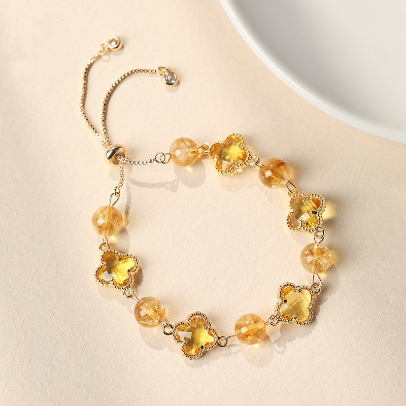 Natural Yellow Crystal Four-Leaf Clover Bracelet - Elegant Adjustable Silver-Tone Bolo Jewelry for Women - Versatile Quartz Bead Charm Bracelet, Perfect