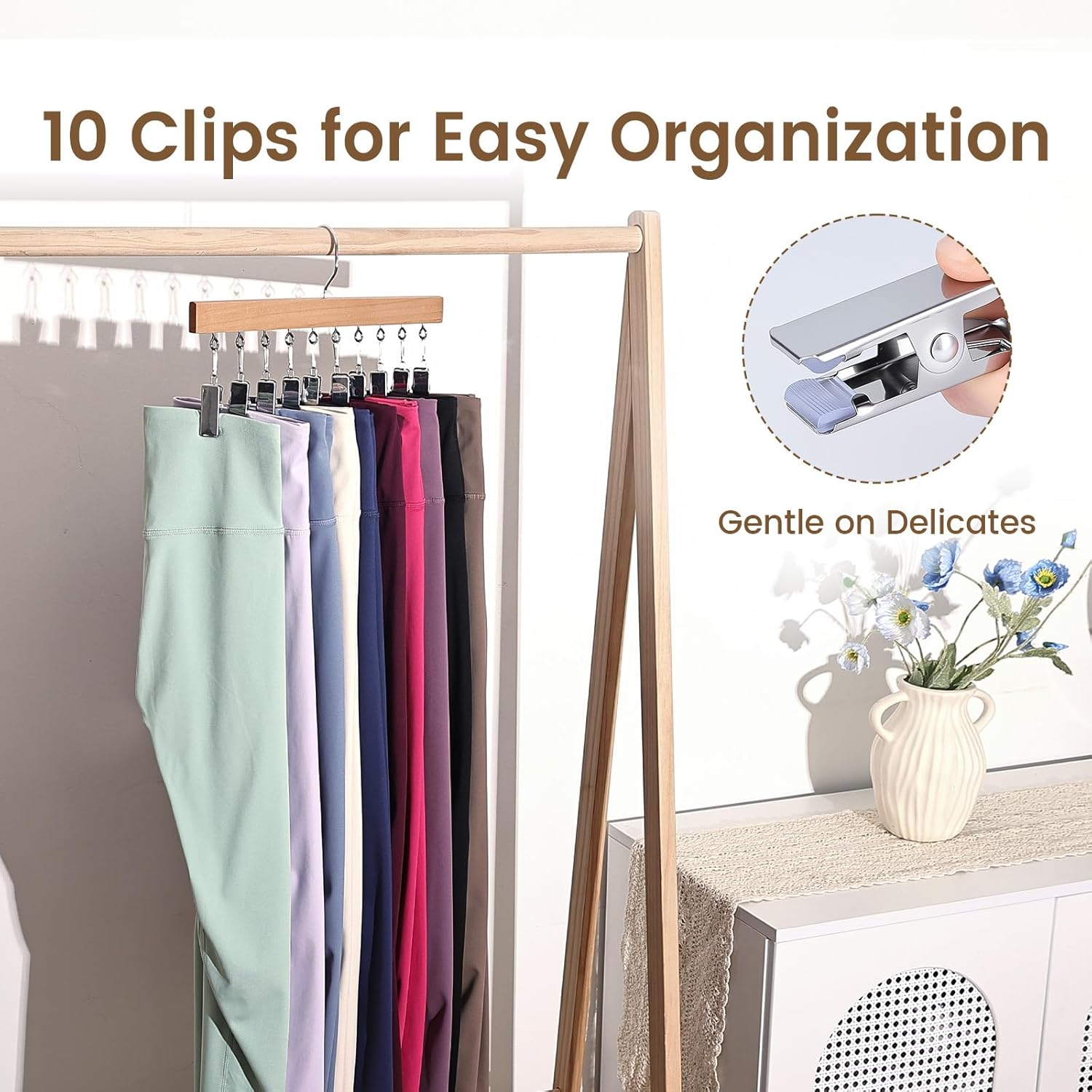 2 Pack Legging Hangers for Closet, Wooden Legging Hanger for Closet Organizer with 20 Upgraded Clips Holds 20 Leggings, 360° Rotatable Space Saving Yoga Pants — image 5