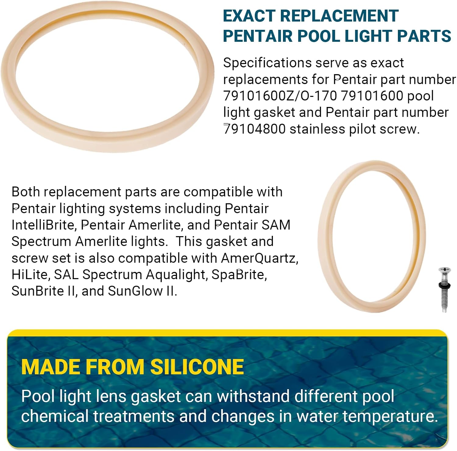 (1 Set) 8 3/8" Pool Light Lens Gasket and Stainless Pilot Screw - Exact Replacements for Pentair 79101600Z and 79104800 - Compatible with Pentair IntelliBrite β image 3