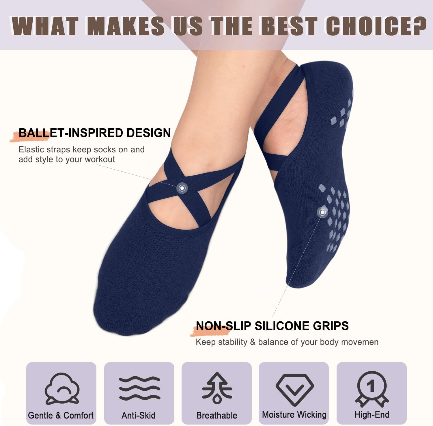 Non Slip Pilates Socks with Grips for Women, Grip Socks for Yoga Ballet Dance Barefoot Workout Anti Skid Crew Socks — image 3