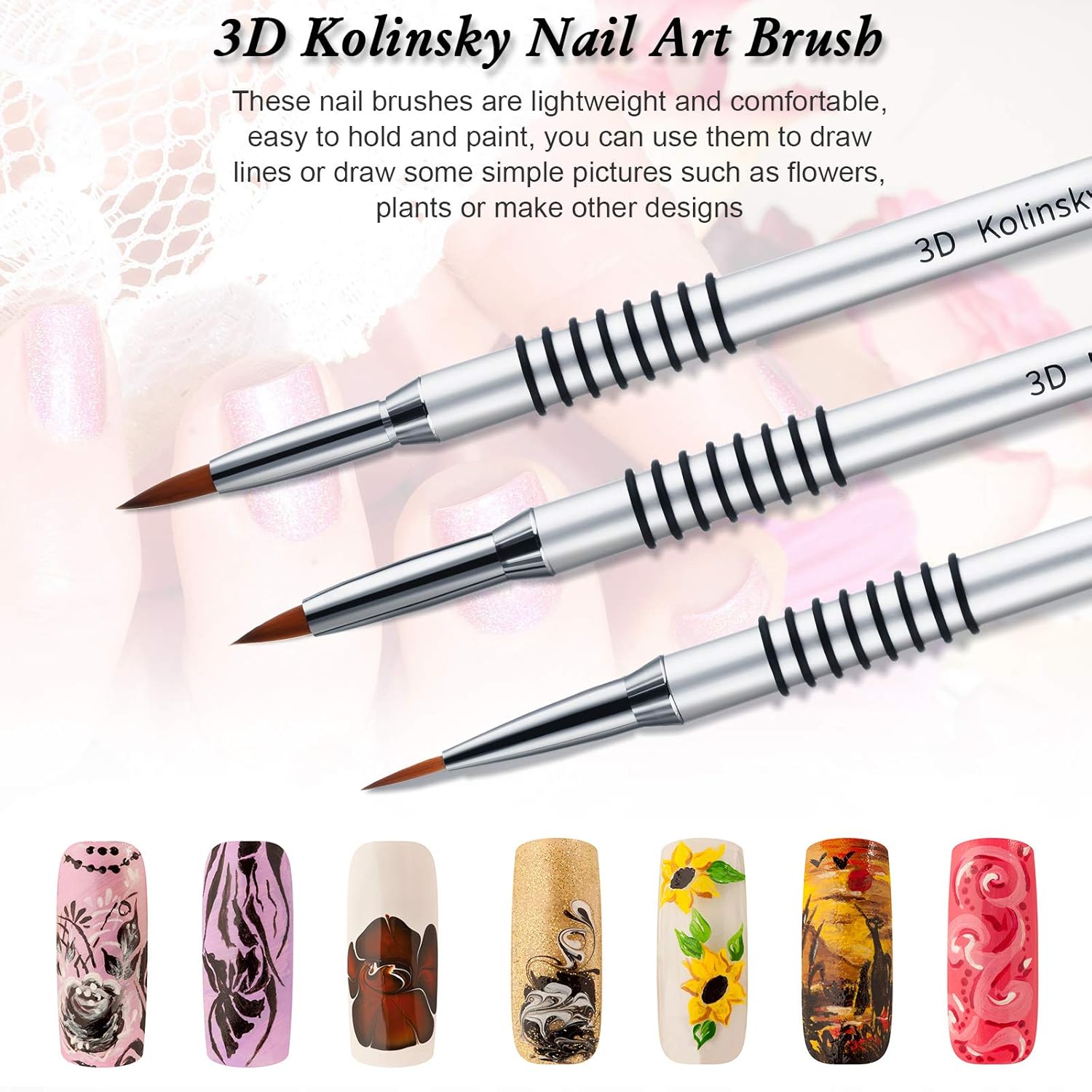 3 Pcs Kolinsky 3D Nail Art Brush Set Size 2/4/5 Acrylic Nail Art Brush with Silver Metal Nonslip Grip Handle Polish Cleaning Manicure Tools for Women Acrylic — image 4