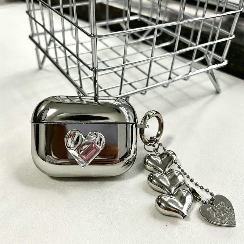 AirPods 3 Textured Silver Heart Electroplated Case + 3 Heart Charms